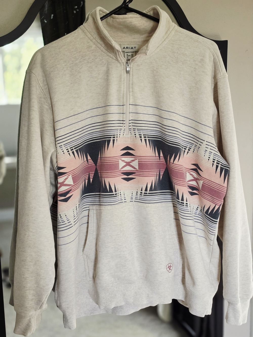 Ariat Cream Quarter-Zip Sweatshirt with Pink & Navy Aztec Stripe